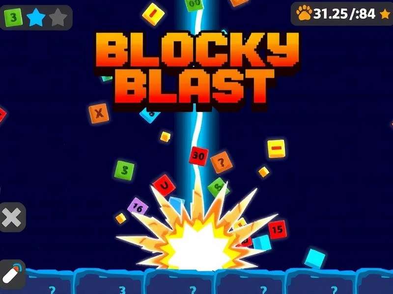 Blocky Blast gameplay screenshot showing colourful blocks on a grid with score and power-ups